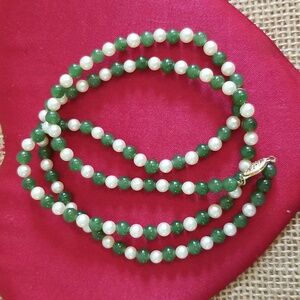 14k Gold Pearl & Jade Necklace